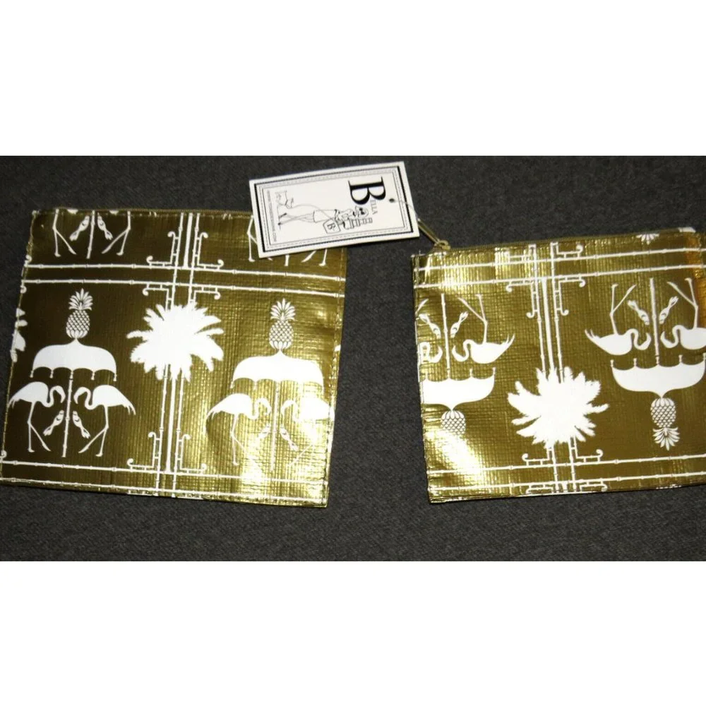 Gold Small Flat Zip Pouches Cosmetic Bags Palm Beach Print